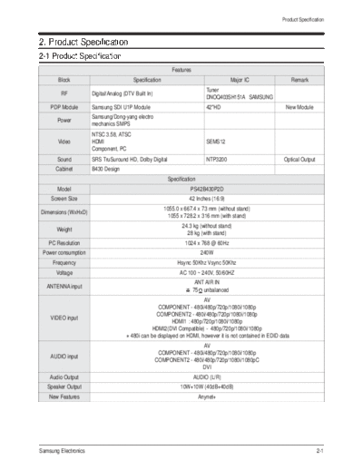 Samsung Product Specification  Samsung Plasma PS42B430P2W chassis F65A ps42b430p2w Product Specification.pdf