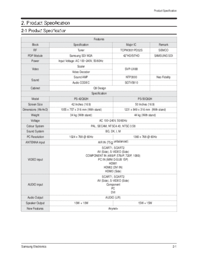 Samsung Product Specification  Samsung Plasma PS42Q92H chassis F31A PS-42Q92H sm Product Specification.pdf