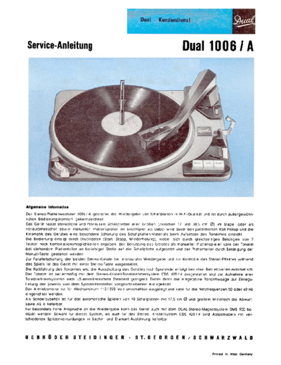 DUAL Dual 1006-A service manual  . Rare and Ancient Equipment DUAL Audio 1006-A Dual_1006-A_service_manual.pdf