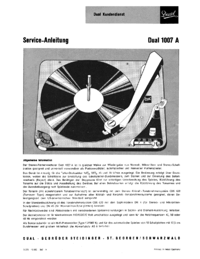 DUAL 1007-A service manual  . Rare and Ancient Equipment DUAL Audio 1007-A Dual_1007-A_service_manual.pdf