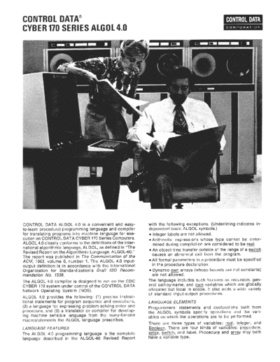 cdc Cyber170 ALGOL4.0 Mar74  . Rare and Ancient Equipment cdc cyber brochures Cyber170_ALGOL4.0_Mar74.pdf