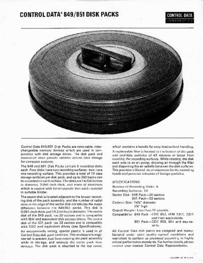 cdc CDC 849 851 Disk Pack Brochure  . Rare and Ancient Equipment cdc discs brochures CDC_849_851_Disk_Pack_Brochure.pdf