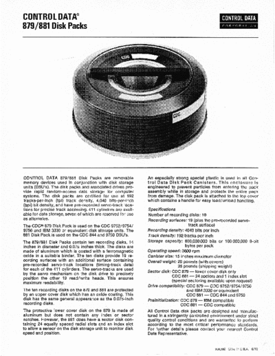 cdc 879 881 Disk Pack Brochure May72  . Rare and Ancient Equipment cdc discs brochures CDC_879_881_Disk_Pack_Brochure_May72.pdf