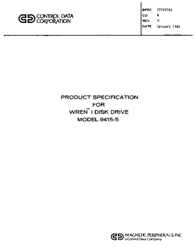 cdc 77715793J 9415-5 Wren I Product Specification Jan85  . Rare and Ancient Equipment cdc discs wren 77715793J_9415-5_Wren_I_Product_Specification_Jan85.pdf