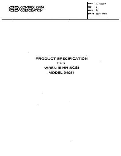 cdc 77765250D 94211 Wren III Half-Height SCSI Product Specification Jul88  . Rare and Ancient Equipment cdc discs wren 77765250D_94211_Wren_III_Half-Height_SCSI_Product_Specification_Jul88.pdf