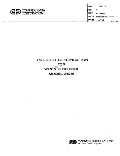 cdc 77765276A 94316 Wren III Half-Height ESDI Product Specification Dec87  . Rare and Ancient Equipment cdc discs wren 77765276A_94316_Wren_III_Half-Height_ESDI_Product_Specification_Dec87.pdf