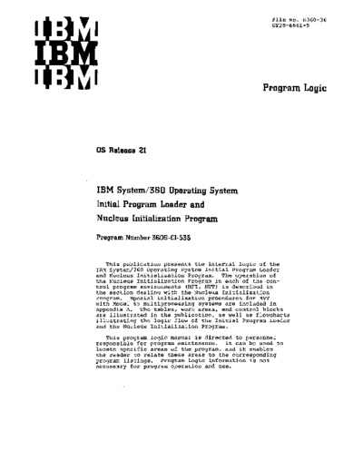 IBM GY28-6661-5 Inital Program Loader and Nucleus Initialization Program Rel21 PLM Mar72  IBM 360 os R21.0_Mar72 plm GY28-6661-5_Inital_Program_Loader_and_Nucleus_Initialization_Program_Rel21_PLM_Mar72.pdf