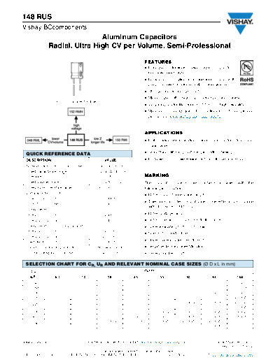 RADIAL Vishay [  thru-hole] 148 RUS Series  . Electronic Components Datasheets Passive components capacitors Vishay RADIAL Vishay [radial thru-hole] 148 RUS Series.pdf