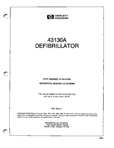 . Various HP Defibrillator 43130A -Service manual  . Various Defibrillators and AEDs HP Defibrillator 43130A -Service manual.pdf