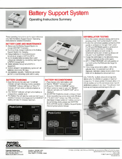 . Various Physio Control Battery Support System for Defibrillator - Service manual  . Various Defibrillators and AEDs Physio Control Battery Support System for Defibrillator - Service manual.pdf