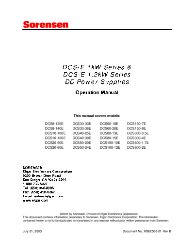 SORENSEN SORENSEN DCS-E Series Operation  . Rare and Ancient Equipment SORENSEN SORENSEN DCS-E Series Operation.pdf