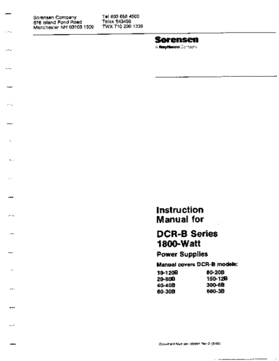 SORENSEN SORENSEN DCR-B Series 1800-Watt Instruction Rev D  . Rare and Ancient Equipment SORENSEN SORENSEN DCR-B Series 1800-Watt Instruction Rev D.pdf