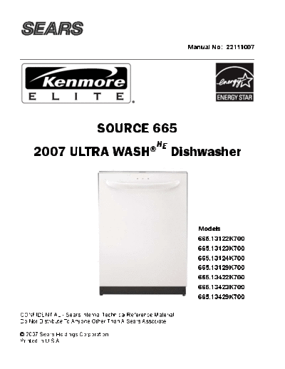 Sears 22111007   Kenmore Elite Source 665 2007 Ultra Wash HE Dishwasher Service Manual  . Rare and Ancient Equipment Sears 22111007 Sears Kenmore Elite Source 665 2007 Ultra Wash HE Dishwasher Service Manual.pdf