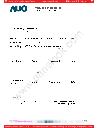 . Various Panel AUO B156XTN02-0 0 [DS]  . Various LCD Panels Panel_AUO_B156XTN02-0_0_[DS].pdf