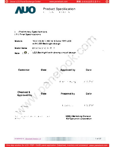 . Various Panel AUO B156XW02 V2 HW0A 0 [DS]  . Various LCD Panels Panel_AUO_B156XW02_V2_HW0A_0_[DS].pdf