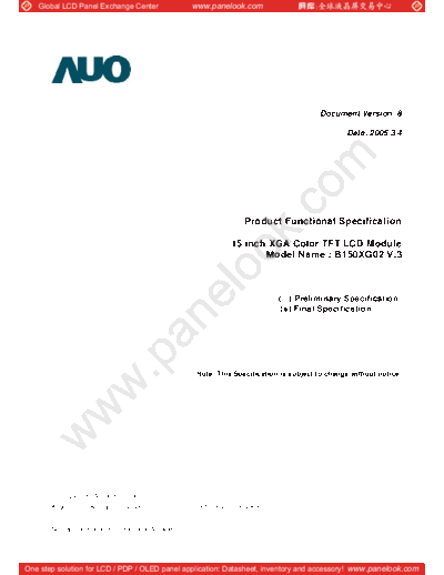 . Various Panel AUO B150XG02 V3 0 [DS]  . Various LCD Panels Panel_AUO_B150XG02_V3_0_[DS].pdf