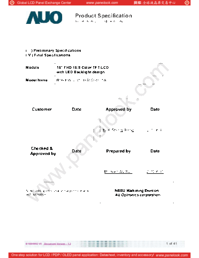 . Various Panel AUO B160HW02 V0 1 [DS]  . Various LCD Panels Panel_AUO_B160HW02_V0_1_[DS].pdf