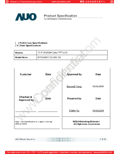 . Various Panel AUO B170UW01 V2 0 [DS]  . Various LCD Panels Panel_AUO_B170UW01_V2_0_[DS].pdf