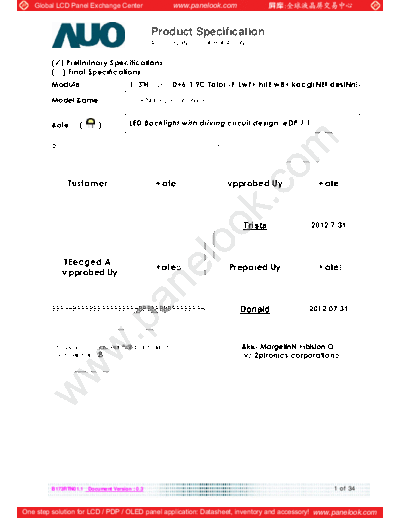 . Various Panel AUO B173RTN01-1 0 [DS]  . Various LCD Panels Panel_AUO_B173RTN01-1_0_[DS].pdf