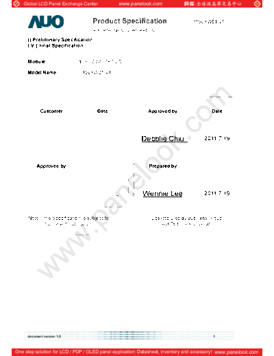 . Various Panel AUO G156XW01 V1 0 [DS]  . Various LCD Panels Panel_AUO_G156XW01_V1_0_[DS].pdf