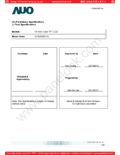 . Various Panel AUO G150XG03 V4 0 [DS]  . Various LCD Panels Panel_AUO_G150XG03_V4_0_[DS].pdf