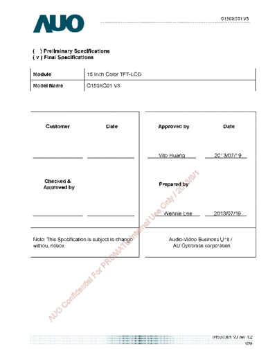 . Various Panel AUO G150XG01 V3 1 [DS]  . Various LCD Panels Panel_AUO_G150XG01_V3_1_[DS].pdf