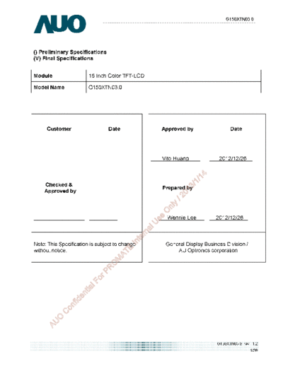 . Various Panel AUO G150XTN03-0 0 [DS]  . Various LCD Panels Panel_AUO_G150XTN03-0_0_[DS].pdf