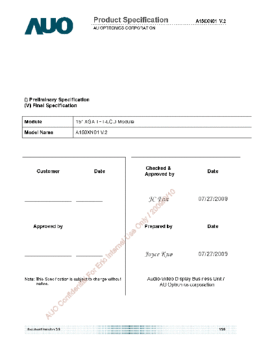 . Various Panel AUO A150XN01 V2 0 [DS]  . Various LCD Panels Panel_AUO_A150XN01_V2_0_[DS].pdf