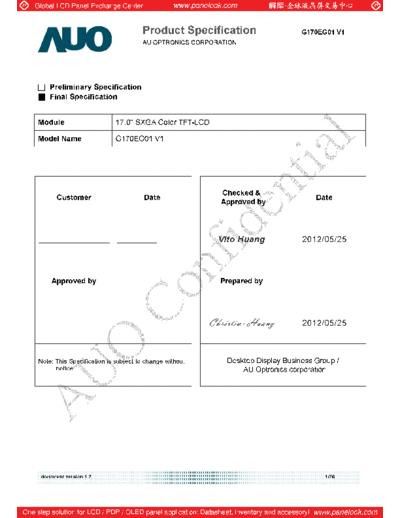 . Various Panel AUO G170EG01 V1 2 [DS]  . Various LCD Panels Panel_AUO_G170EG01_V1_2_[DS].pdf