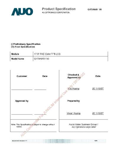 . Various Panel AUO G173HW01 V0 0 [DS]  . Various LCD Panels Panel_AUO_G173HW01_V0_0_[DS].pdf