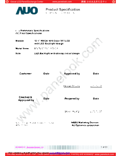 . Various Panel AUO B121EW13 V1 0 [DS]  . Various LCD Panels Panel_AUO_B121EW13_V1_0_[DS].pdf
