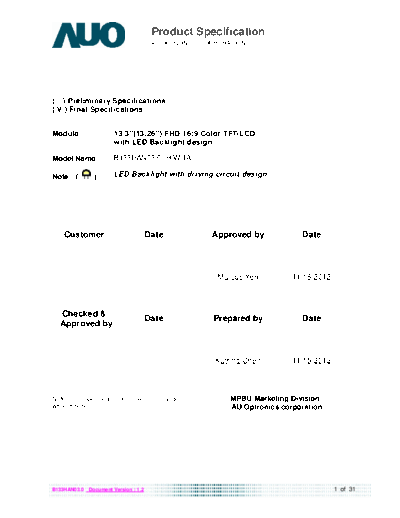 . Various Panel AUO B133HAN03-0 0 [DS]  . Various LCD Panels Panel_AUO_B133HAN03-0_0_[DS].pdf