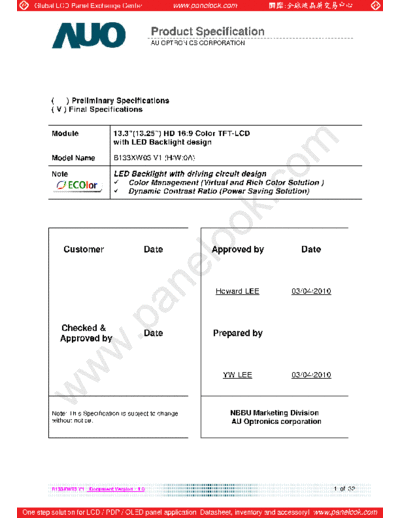 . Various Panel AUO B133XW03 V1 0 [DS]  . Various LCD Panels Panel_AUO_B133XW03_V1_0_[DS].pdf