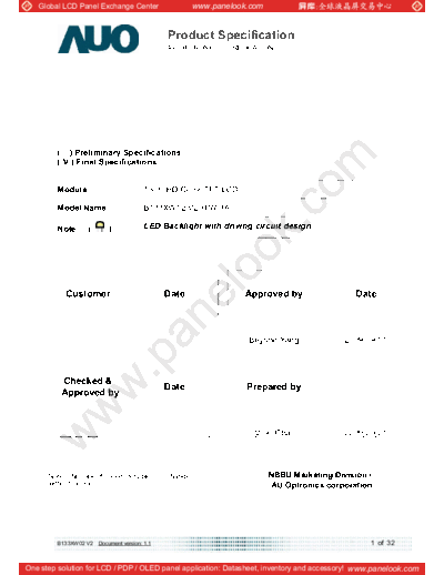 . Various Panel AUO B133XW02 V2 0 [DS]  . Various LCD Panels Panel_AUO_B133XW02_V2_0_[DS].pdf