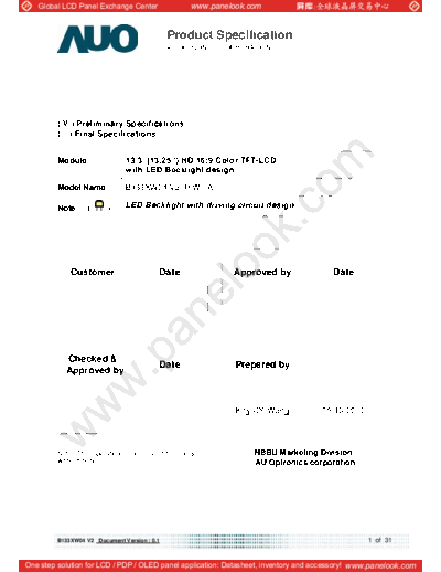 . Various Panel AUO B133XW04 V2 0 [DS]  . Various LCD Panels Panel_AUO_B133XW04_V2_0_[DS].pdf