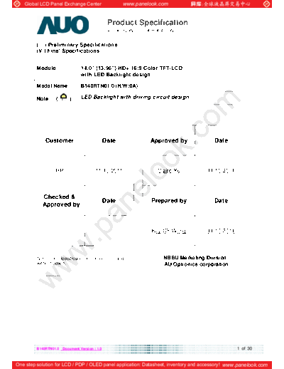 . Various Panel AUO B140RTN01-0 0 [DS]  . Various LCD Panels Panel_AUO_B140RTN01-0_0_[DS].pdf
