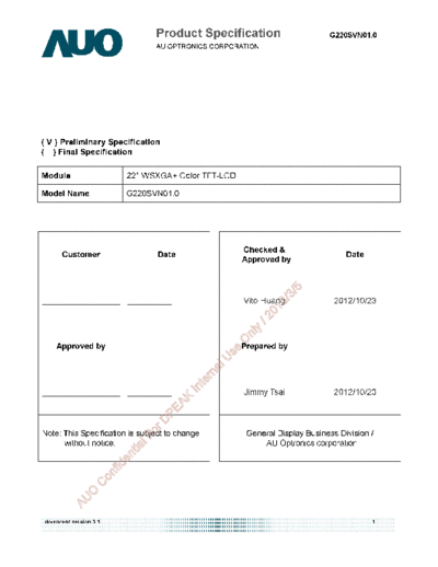 . Various Panel AUO G220SVN01-0 0 [DS]  . Various LCD Panels Panel_AUO_G220SVN01-0_0_[DS].pdf