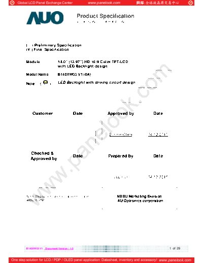 . Various Panel AUO B140XW03 V1 0 [DS]  . Various LCD Panels Panel_AUO_B140XW03_V1_0_[DS].pdf