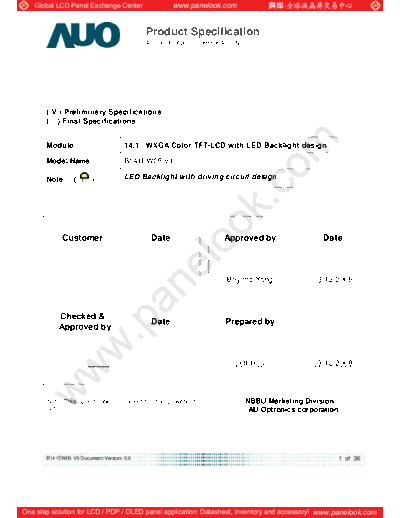 . Various Panel AUO B141EW05 V1 0 [DS]  . Various LCD Panels Panel_AUO_B141EW05_V1_0_[DS].pdf