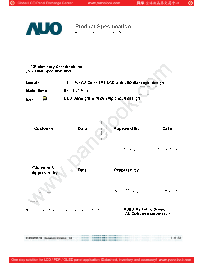 . Various Panel AUO B141EW05 V4 0 [DS]  . Various LCD Panels Panel_AUO_B141EW05_V4_0_[DS].pdf