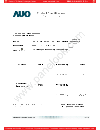 . Various Panel AUO B141EW05 V5 0 [DS]  . Various LCD Panels Panel_AUO_B141EW05_V5_0_[DS].pdf