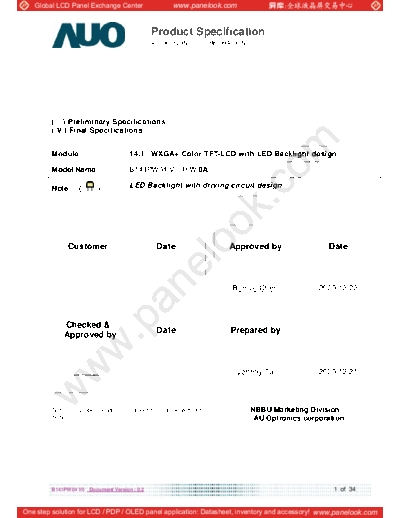 . Various Panel AUO B141PW04 V0 HW0A 2 [DS]  . Various LCD Panels Panel_AUO_B141PW04_V0_HW0A_2_[DS].pdf