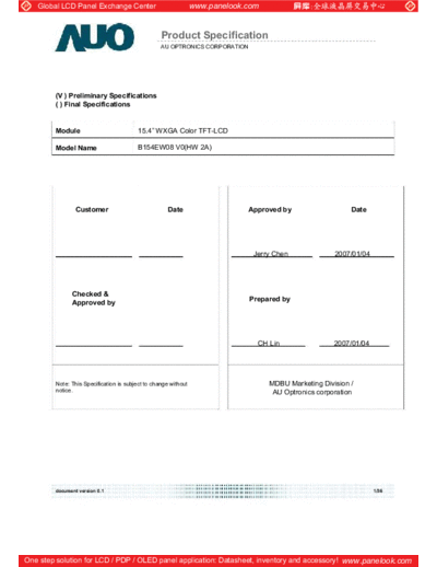 . Various Panel AUO B154EW08 V0 HW2A 0 [DS]  . Various LCD Panels Panel_AUO_B154EW08_V0_HW2A_0_[DS].pdf