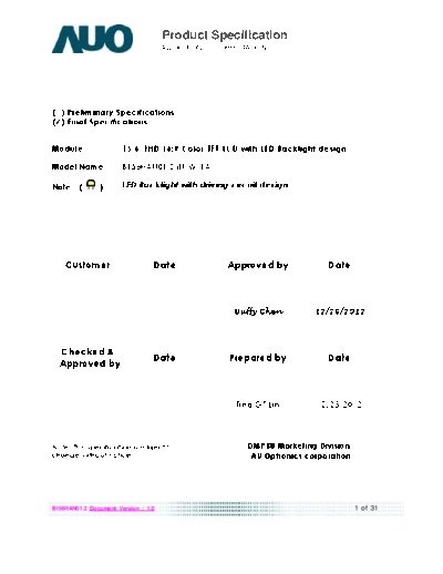 . Various Panel AUO B156HAN01-2 1 [DS]  . Various LCD Panels Panel_AUO_B156HAN01-2_1_[DS].pdf
