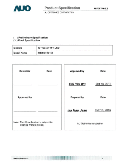 . Various Panel AUO M170ETN01-3 0 [DS]  . Various LCD Panels Panel_AUO_M170ETN01-3_0_[DS].pdf