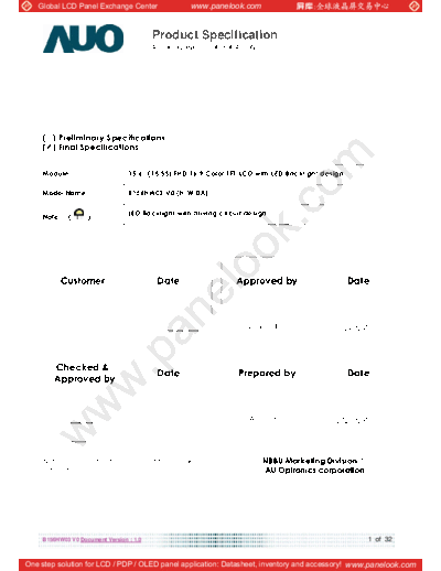 . Various Panel AUO B156HW03 V0 0 [DS]  . Various LCD Panels Panel_AUO_B156HW03_V0_0_[DS].pdf