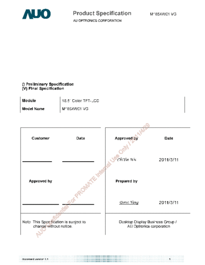 . Various Panel AUO M185XW01 VG 0 [DS]  . Various LCD Panels Panel_AUO_M185XW01_VG_0_[DS].pdf