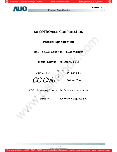 . Various Panel AUO M190EN03 V3 0 [DS]  . Various LCD Panels Panel_AUO_M190EN03_V3_0_[DS].pdf