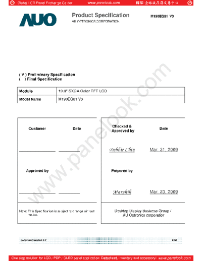 . Various Panel AUO M190EG01 V3 0 [DS]  . Various LCD Panels Panel_AUO_M190EG01_V3_0_[DS].pdf