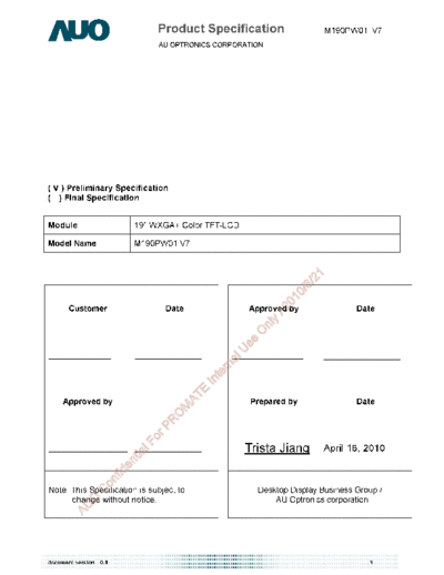 . Various Panel AUO M190PW01 V4 0 [DS]  . Various LCD Panels Panel_AUO_M190PW01_V4_0_[DS].pdf